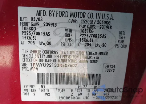 2003 Ford Escape Xls из США, поврежденный, VIN 1FMYU92133KE07607